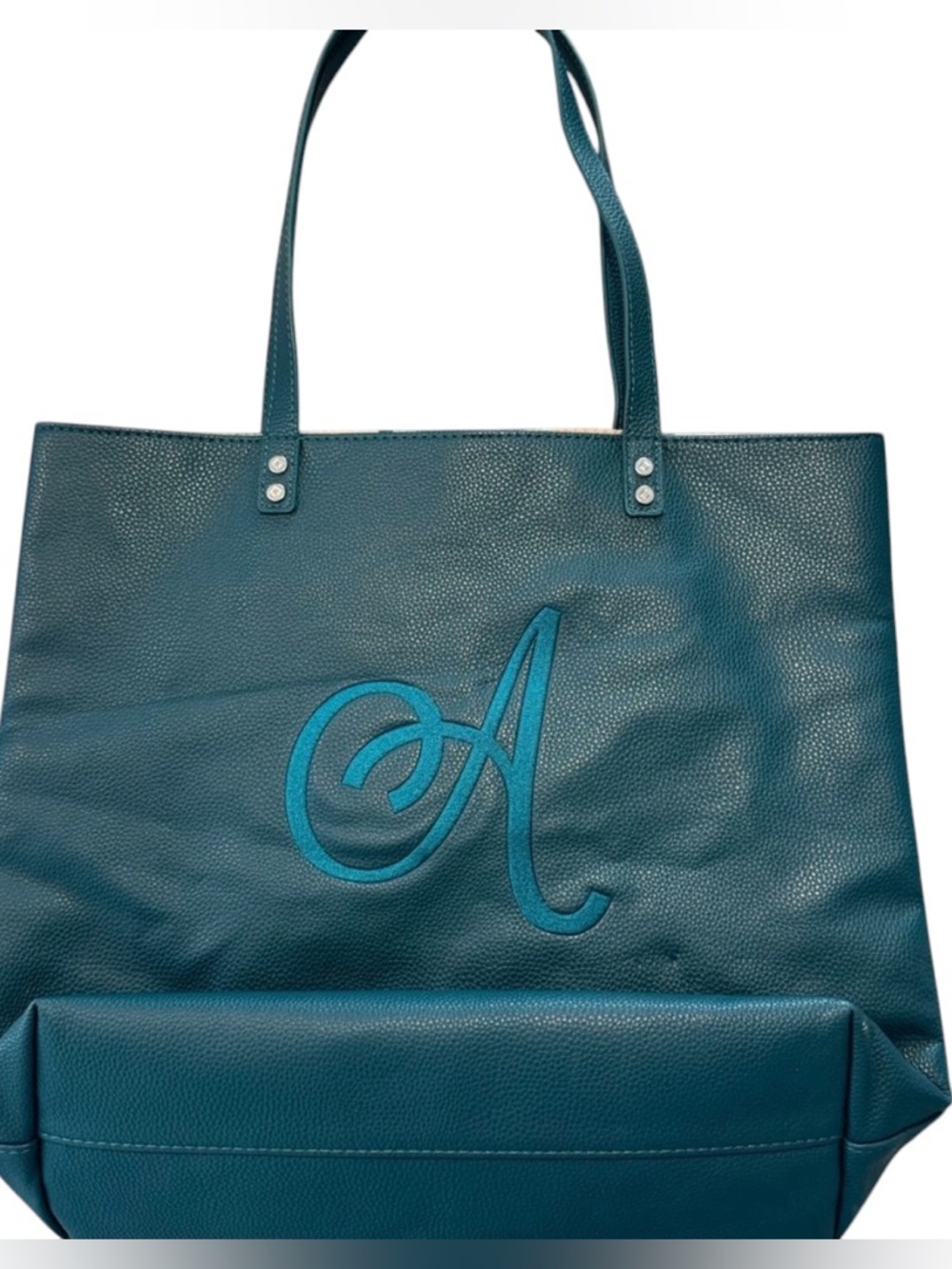 Teal Pebbled Faux Leather Tote Bag Embroidered Letter A Polka Dot Lining Large